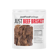 JustFoodForDogs Beef Brisket dog treat with its chewy jerky texture in focus.