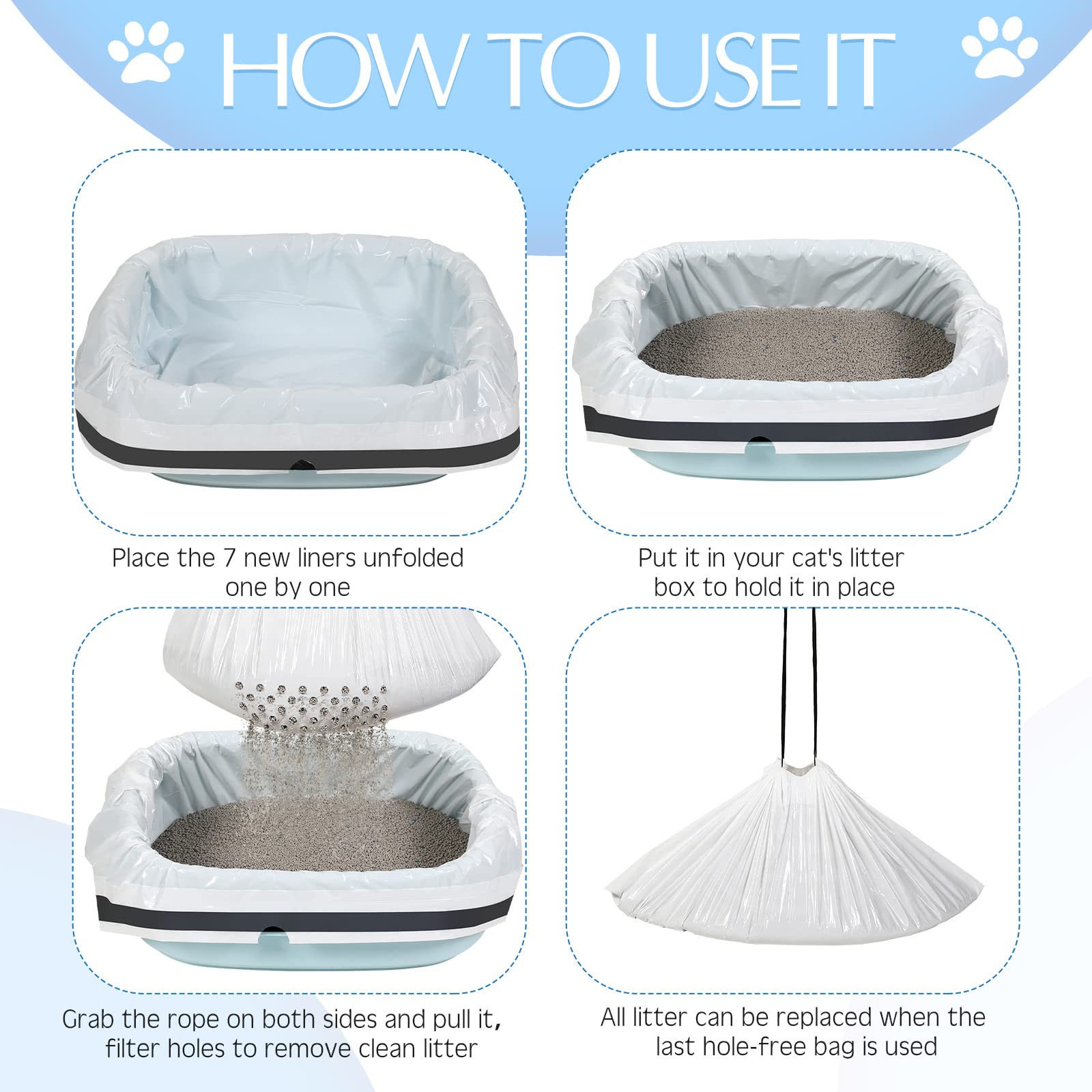 Jutom sifting litter box liners arranged in layers inside a litter box.