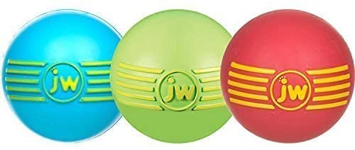 Close-up of a JW iSqueak rubber dog toy ball showing its surface and shape.