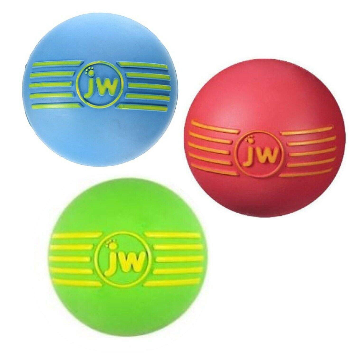 JW iSqueak rubber dog toy balls shown from the front in assorted bright colors.