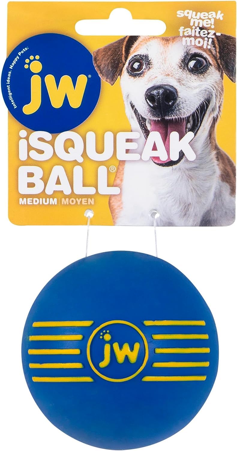 JW iSqueak medium dog balls presented as a three-pack.