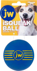 JW iSqueak medium dog balls presented as a three-pack.