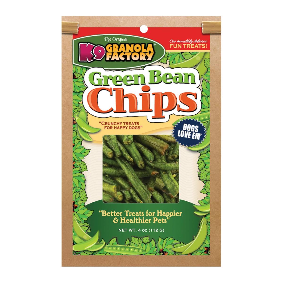 K9 Granola Factory Green Bean Chips dog treat shown in its brown sack packaging.