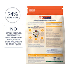 K9 Natural freeze-dried dog food topper pouch shown from the back.