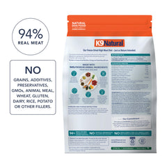 K9 Natural freeze-dried dog food with its beef and organ ingredients.