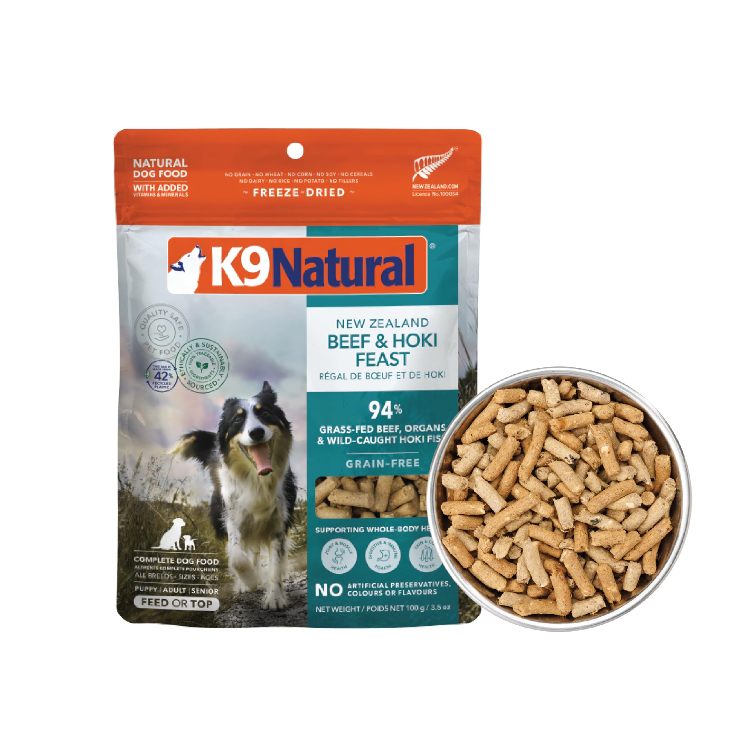 K9 Natural freeze-dried dog food pouch shown from the front.