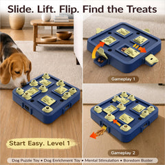 KADTC Dog Chess Puzzle Toy flip-lid cups shown with their storage position beneath the board.