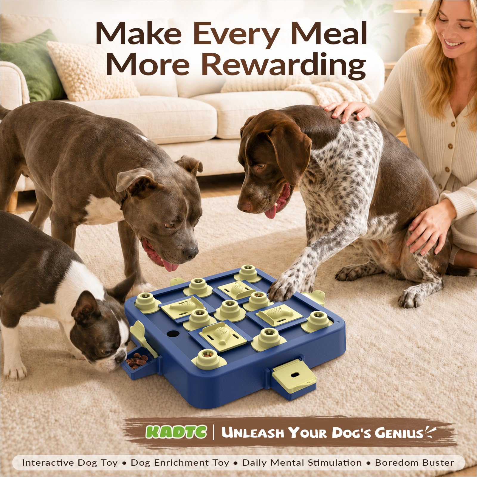 KADTC Dog Chess Puzzle Toy set up with kibble for a puzzle-based feeding session.