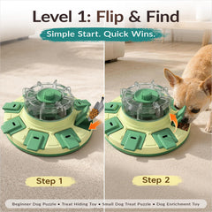 KADTC dog puzzle feeder close-up of the easy-lift treat lids.