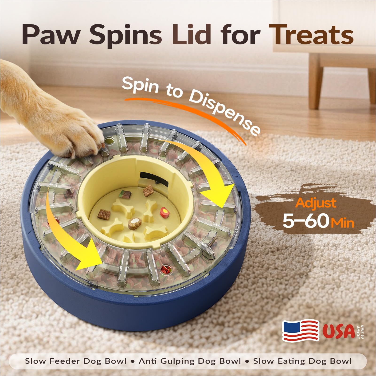 KADTC slow feeder dog bowl highlighting its spin-to-release puzzle design.