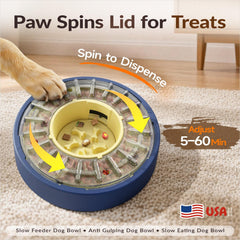 KADTC slow feeder dog bowl highlighting its spin-to-release puzzle design.