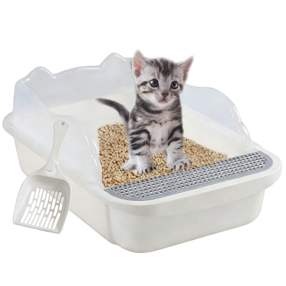 kathson open cat litter box shown from the front with its low entrance and raised sides.