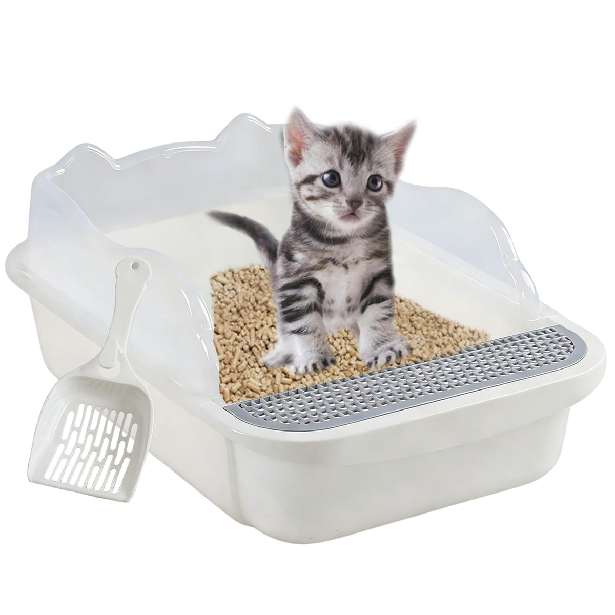 kathson open cat litter box shown from the front with its low entrance and raised sides.