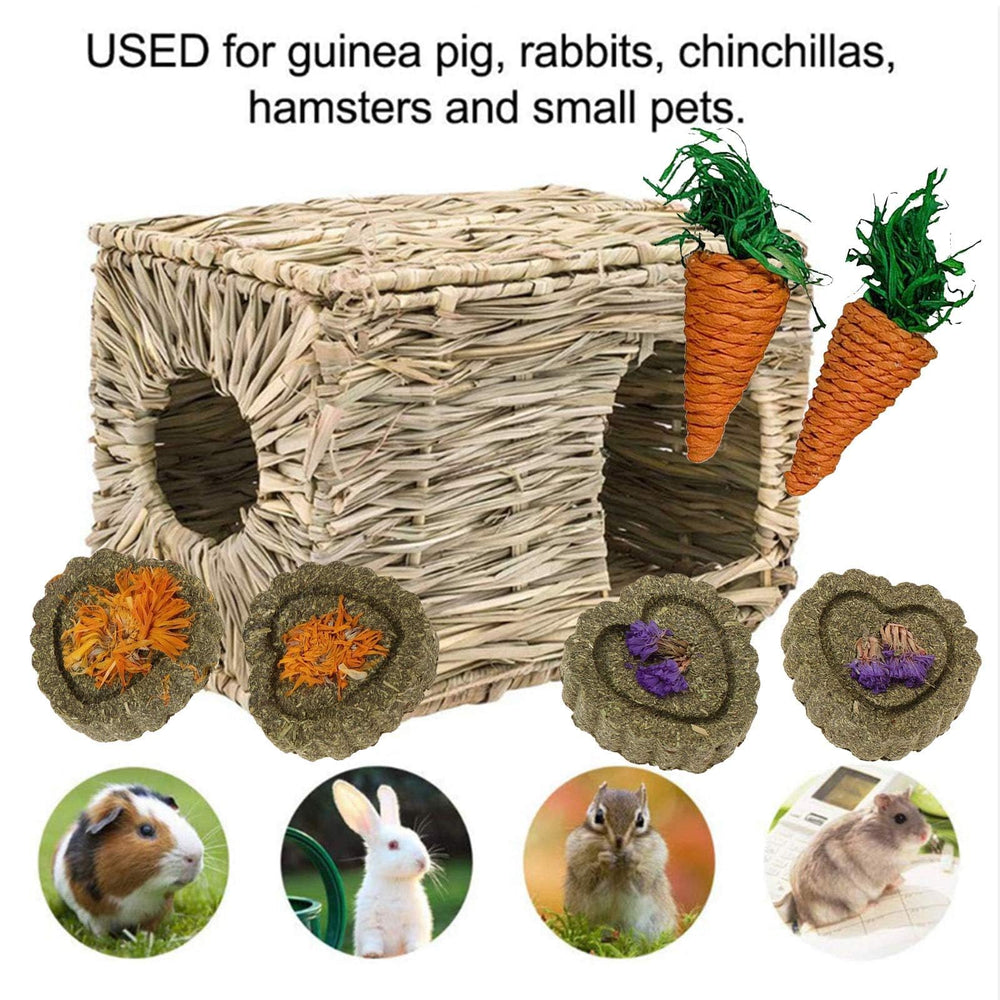kathson Rabbit Grass House set with two houses, hay cakes, carrot toys, and string.