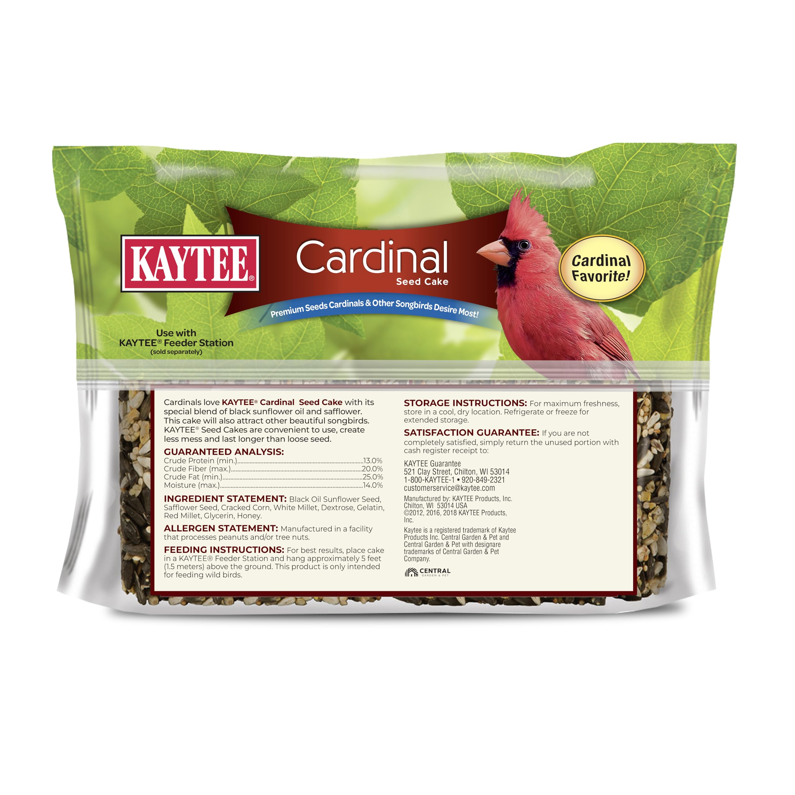 Kaytee Cardinal Seed Cake shown in a cake feeder.