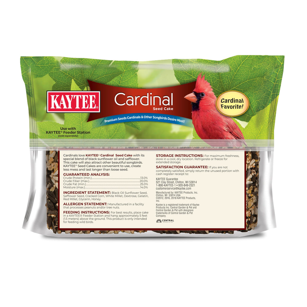 Kaytee Cardinal Seed Cake shown in a cake feeder.
