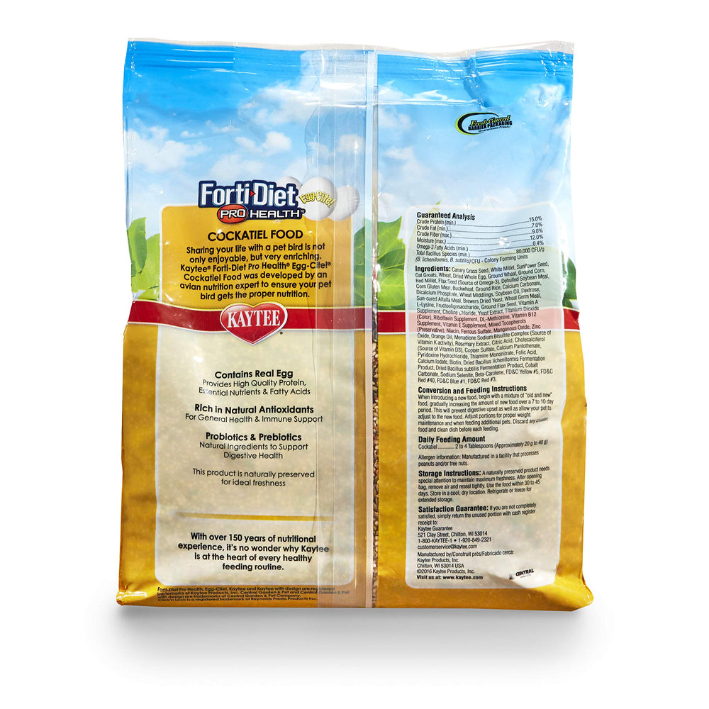 Kaytee Forti-Diet Egg-Cite cockatiel food with a close view of its egg crumbles.