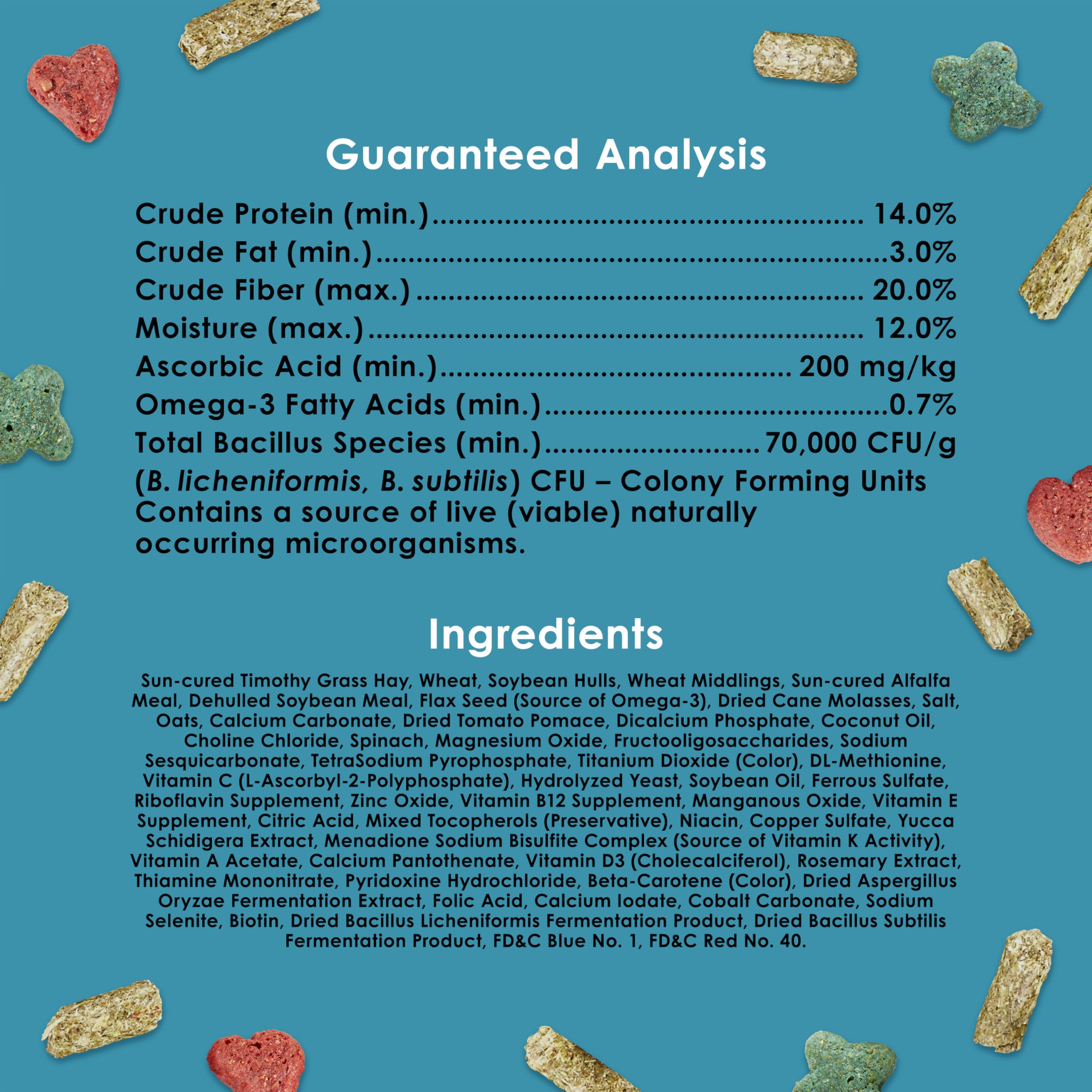 Kaytee Forti-Diet guinea pig food nutrition label shown close up.