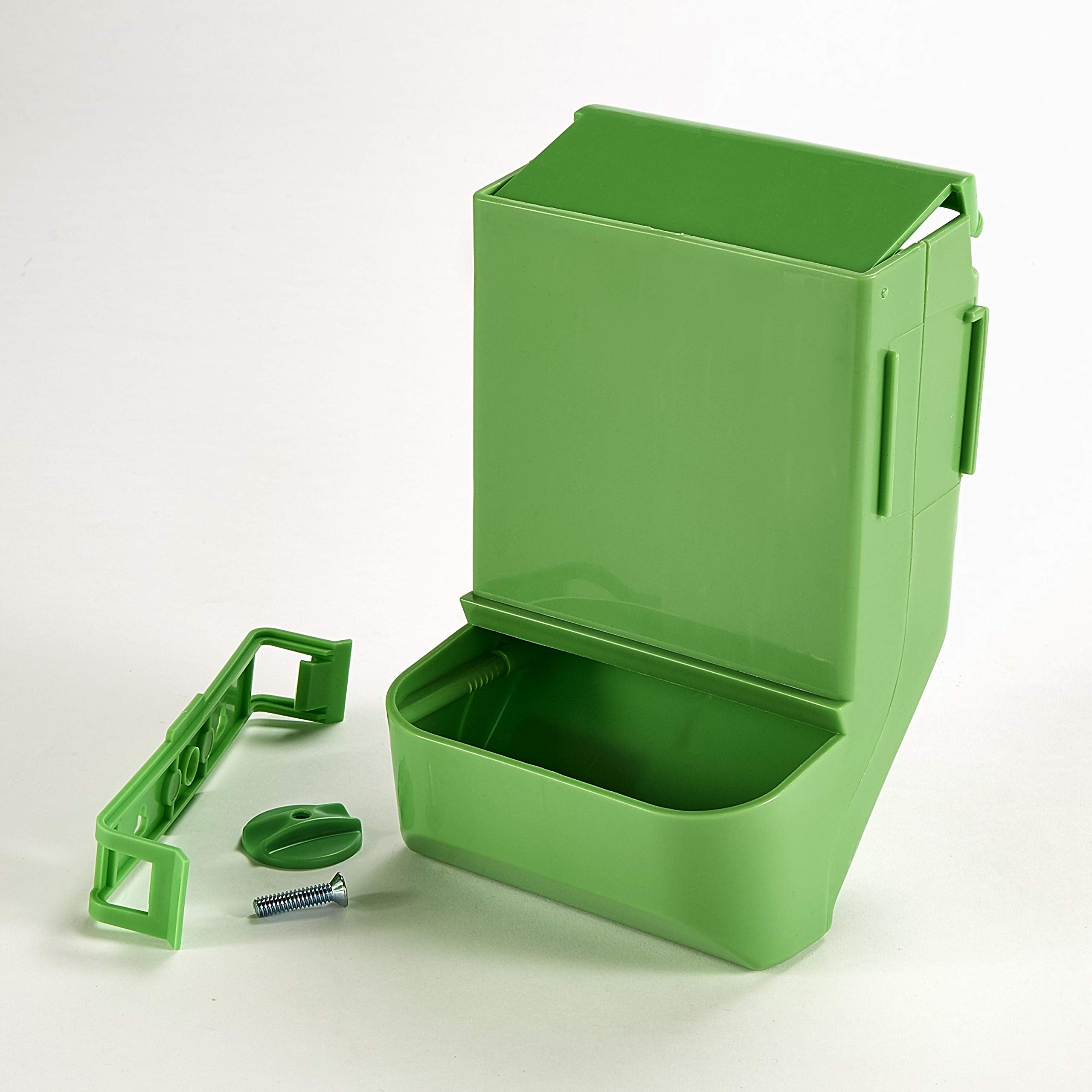 Kaytee Gravity Bin Feeder With Bracket Assorted attached to a wire cage.