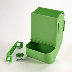 Kaytee Gravity Bin Feeder With Bracket Assorted attached to a wire cage.