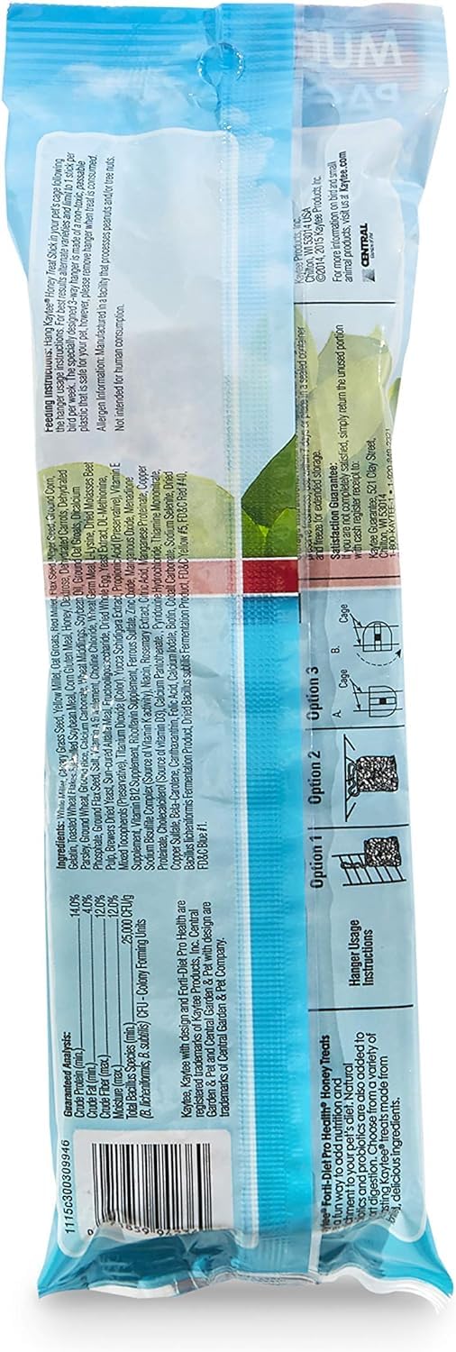 Kaytee parakeet honey treat stick close-up showing its grain-blend texture.