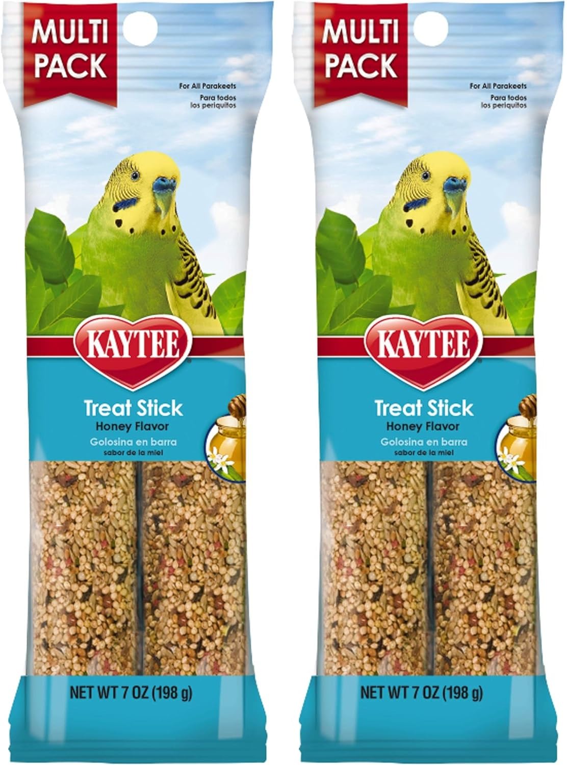Kaytee parakeet honey treat sticks shown from the front of the product packaging.
