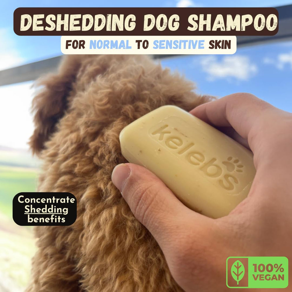 KELEBS dog shampoo bar being rubbed over a wet dog’s coat.