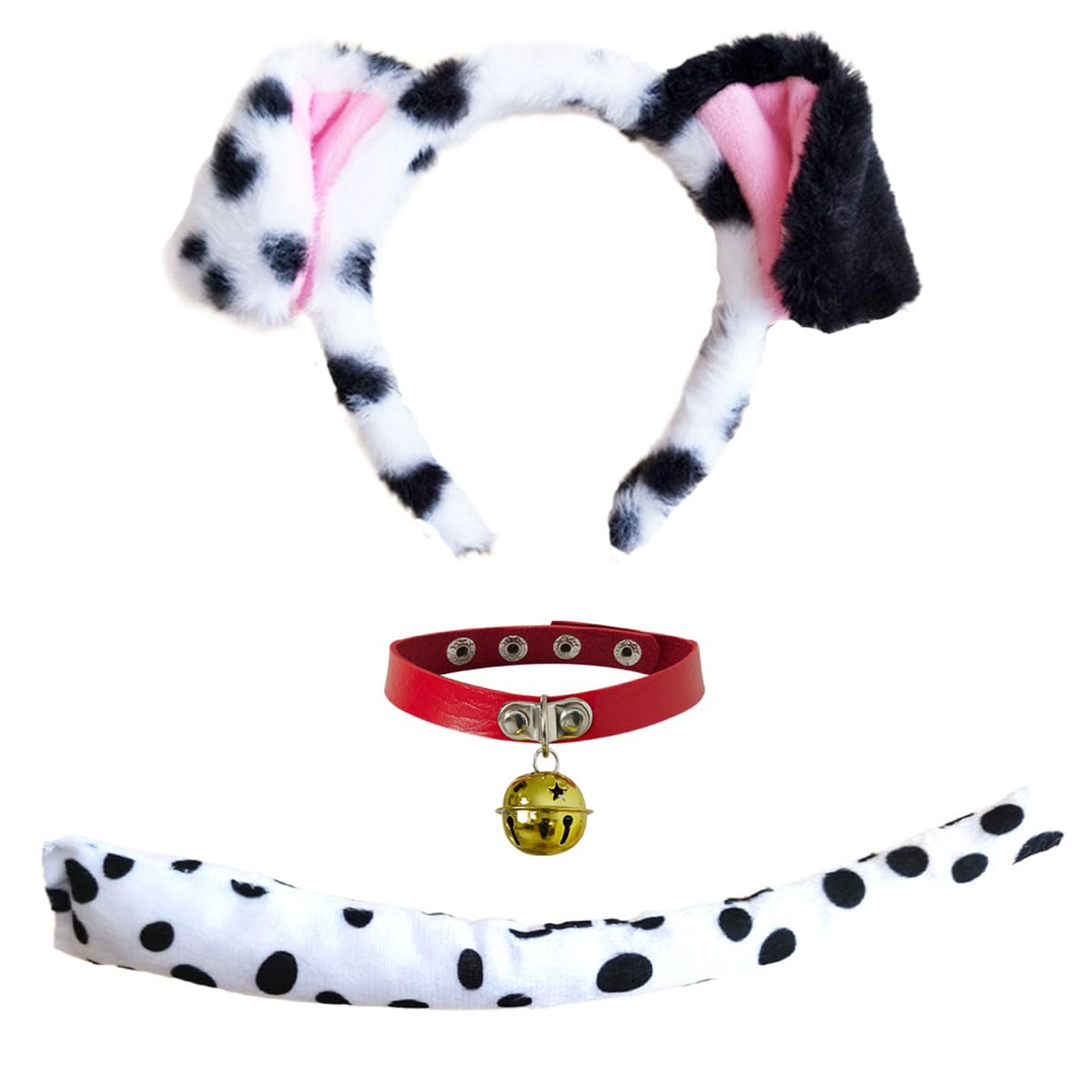 KIPSSMLSE Dalmatian costume set shown together with its headband, red choker and tail.
