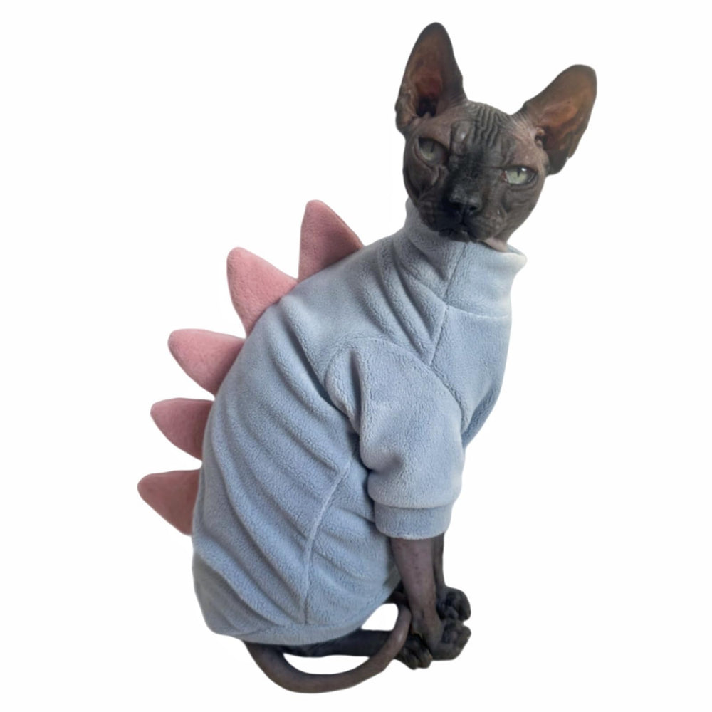 Kitipcoo cat sweater shown from the front in its sky-blue dinosaur design.