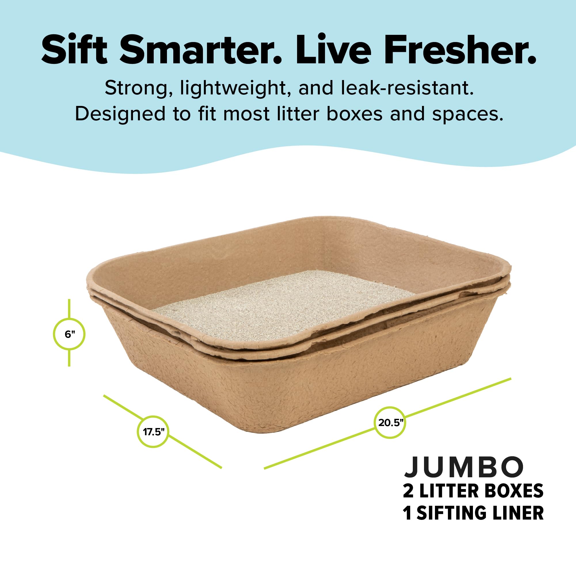 Kitty Sift litter box liner shown lifting to sift waste from reusable granules.