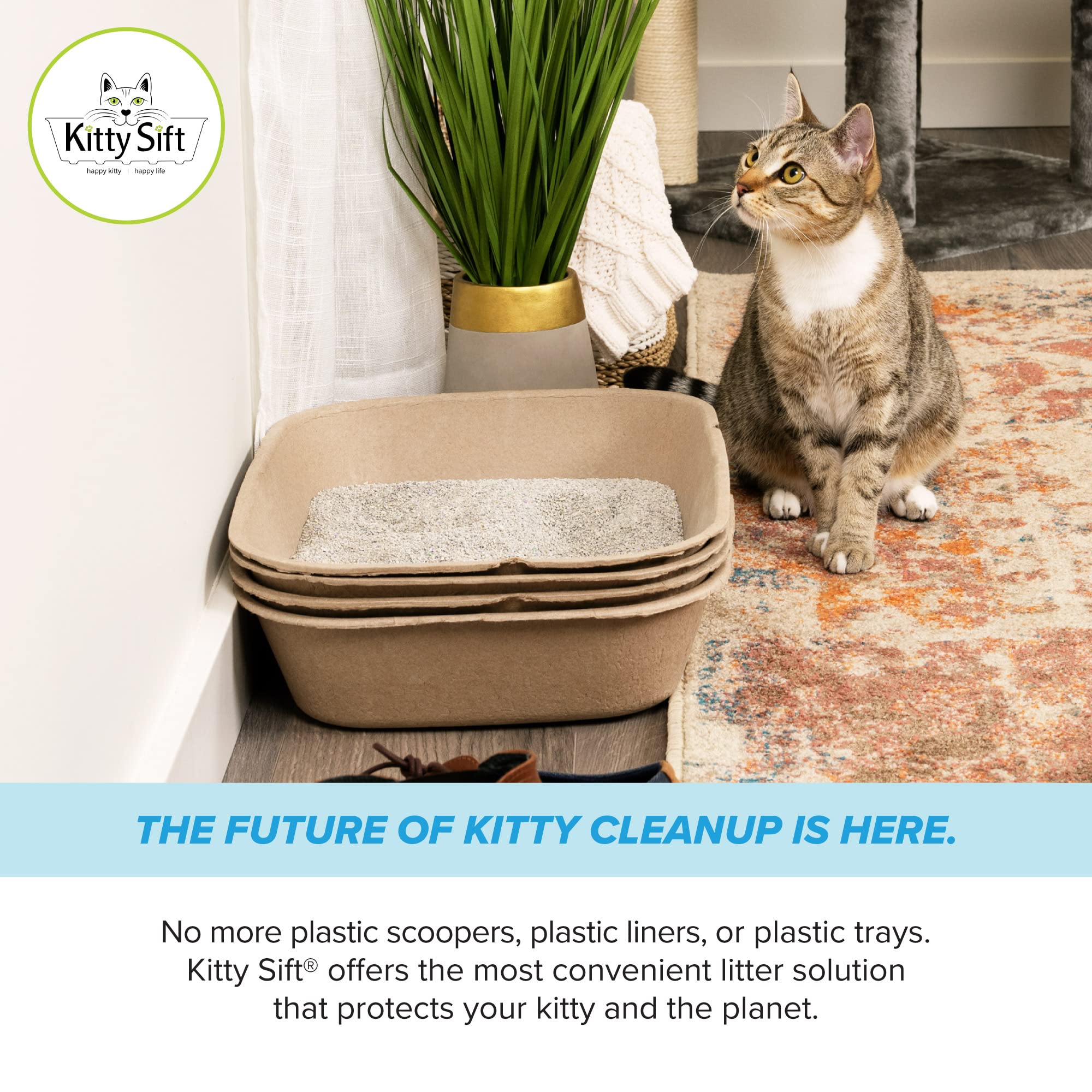 Kitty Sift litter box set showing the included box and five liners.