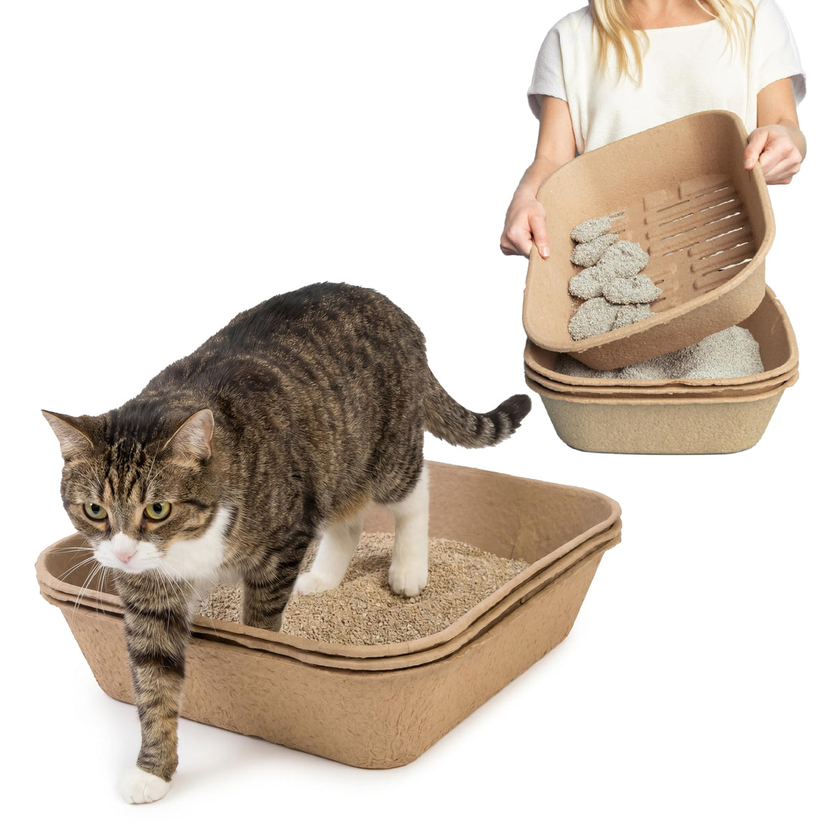 Kitty Sift litter box set shown from the front with its box and liners.