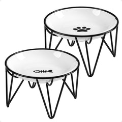 Kitwinney ceramic cat bowls shown from the front with their raised black stand.