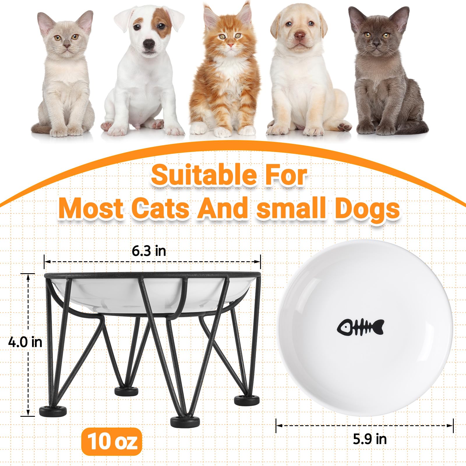 Kitwinney ceramic cat bowls displayed with the black crown-style metal stand.