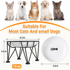 Kitwinney ceramic cat bowls displayed with the black crown-style metal stand.