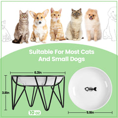 Kitwinney ceramic cat bowls displayed on the elevated crown-style metal stand.