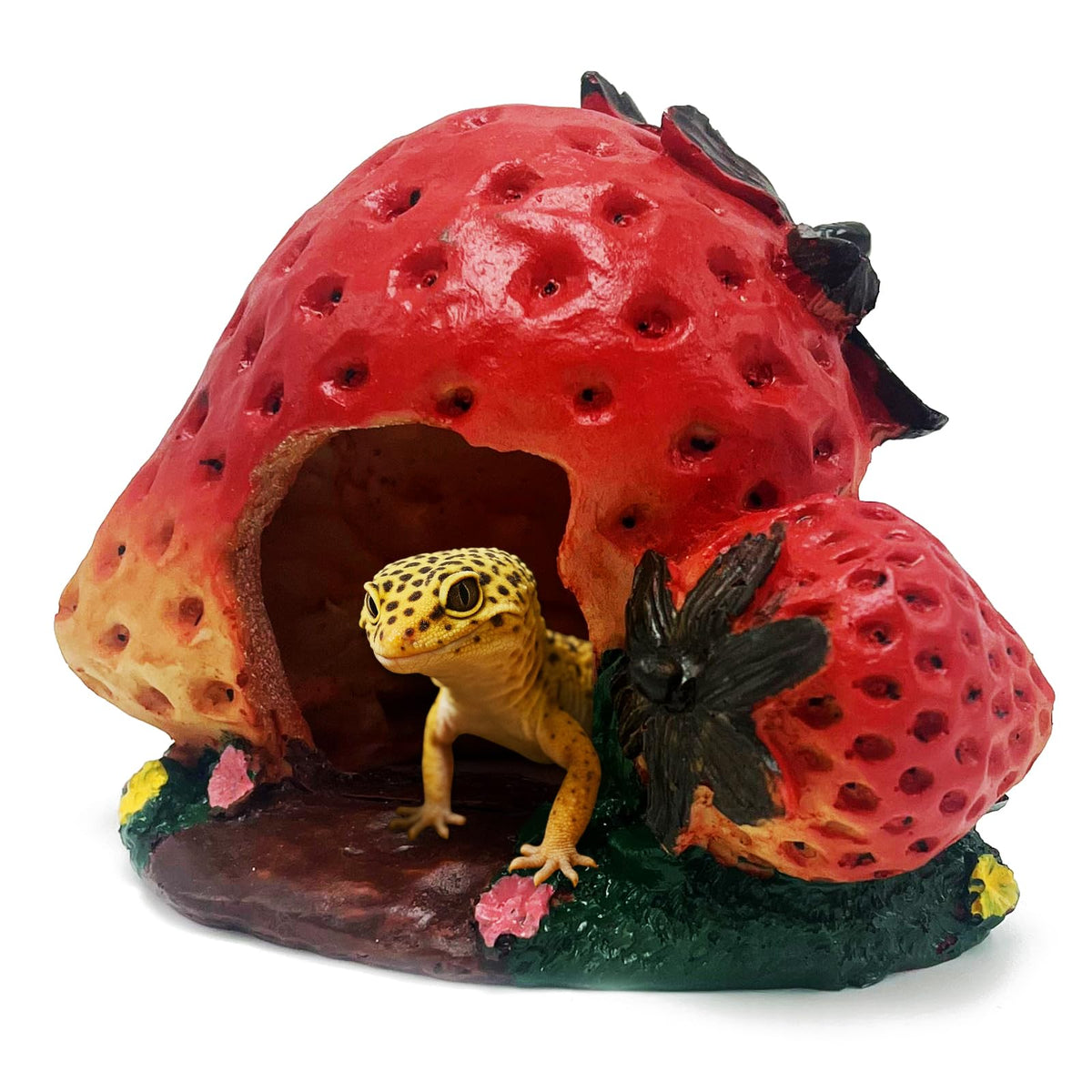 Kocris Casa reptile hide shown from the front with its strawberry-shaped design.