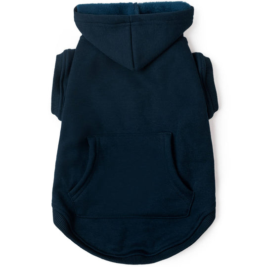 Koneseve dog hoodie shown from the front in blue.