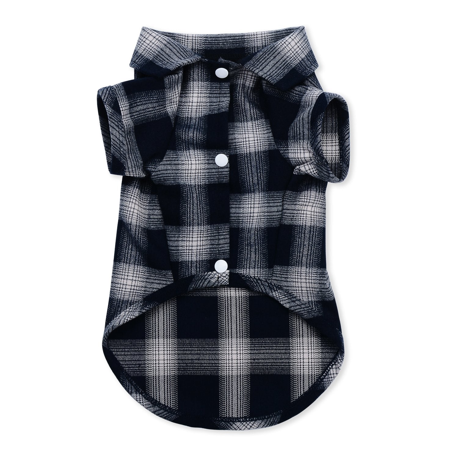 Koneseve pet shirt shown from the front in its blue plaid design.