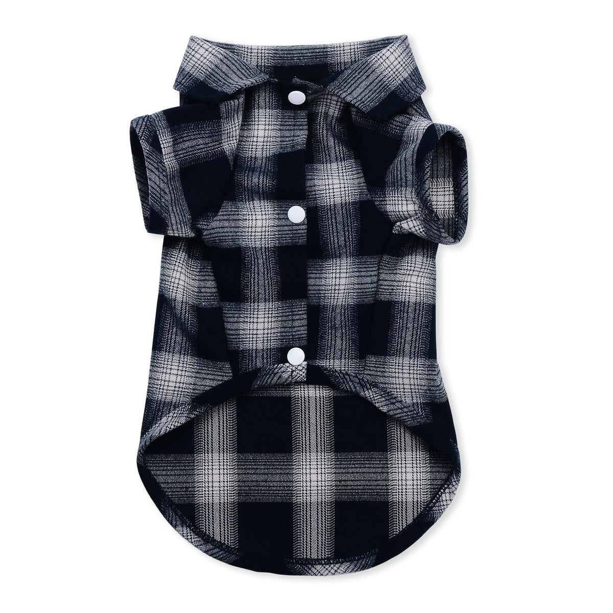 Koneseve pet shirt shown from the front in its blue plaid design.