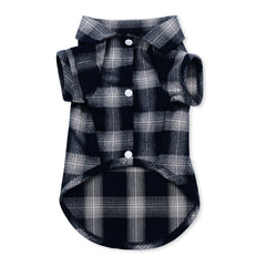 Koneseve pet shirt shown from the front in its blue plaid design.