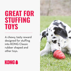 KONG Chicken Jerky Dog Treats partly stuffed into a KONG rubber toy.