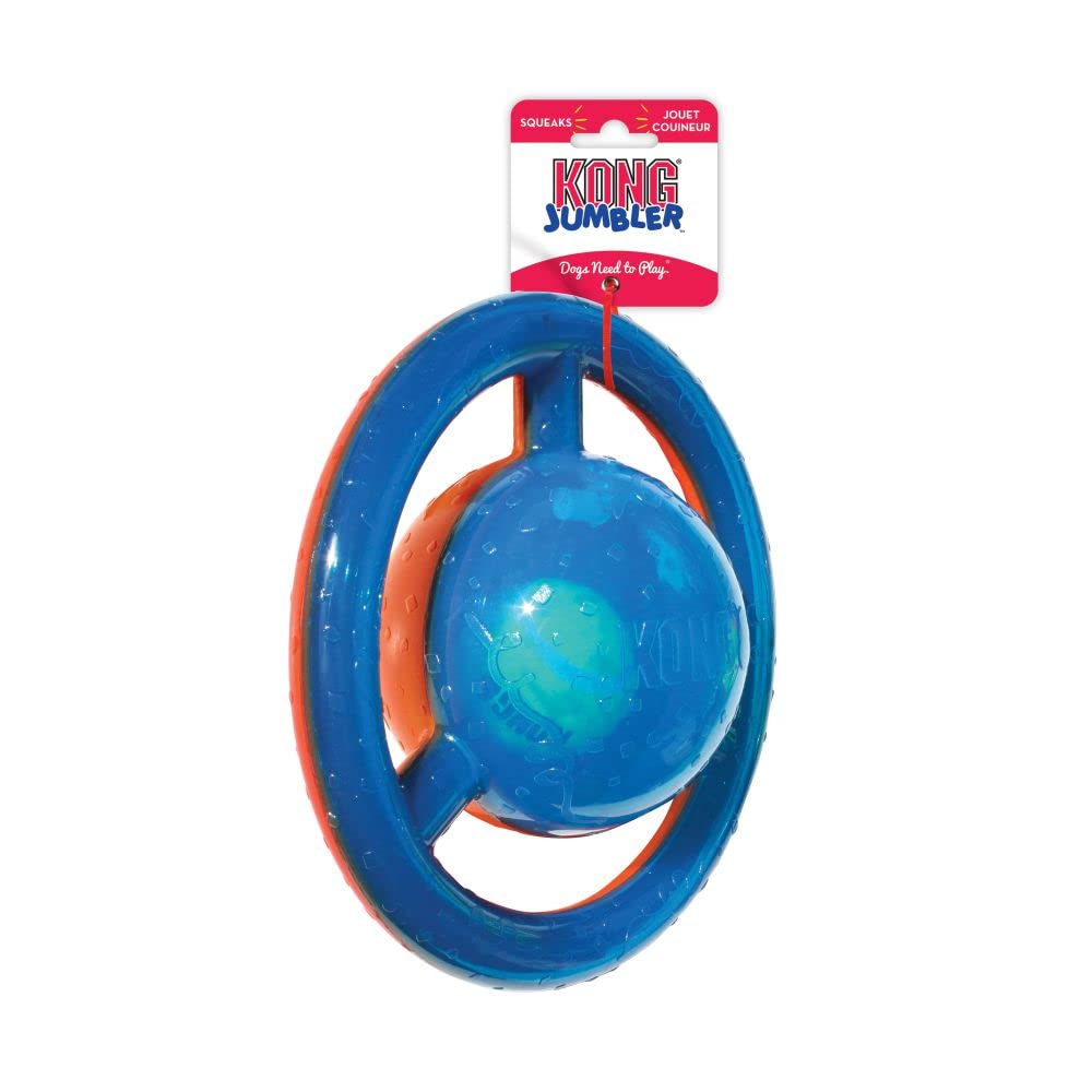 KONG Jumbler Disc dog toy shown during an interactive fetch game.