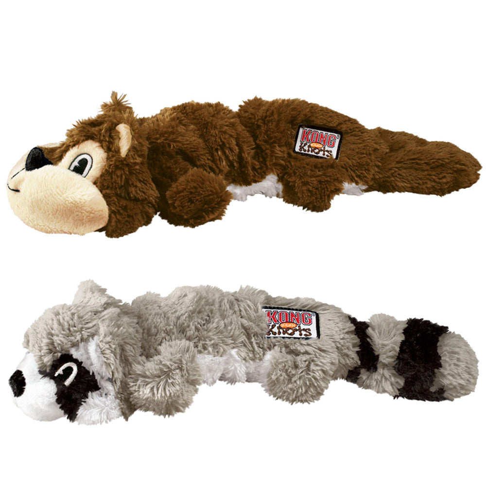 KONG Scrunch Knots two-toy set showing the squirrel and raccoon plush toys.