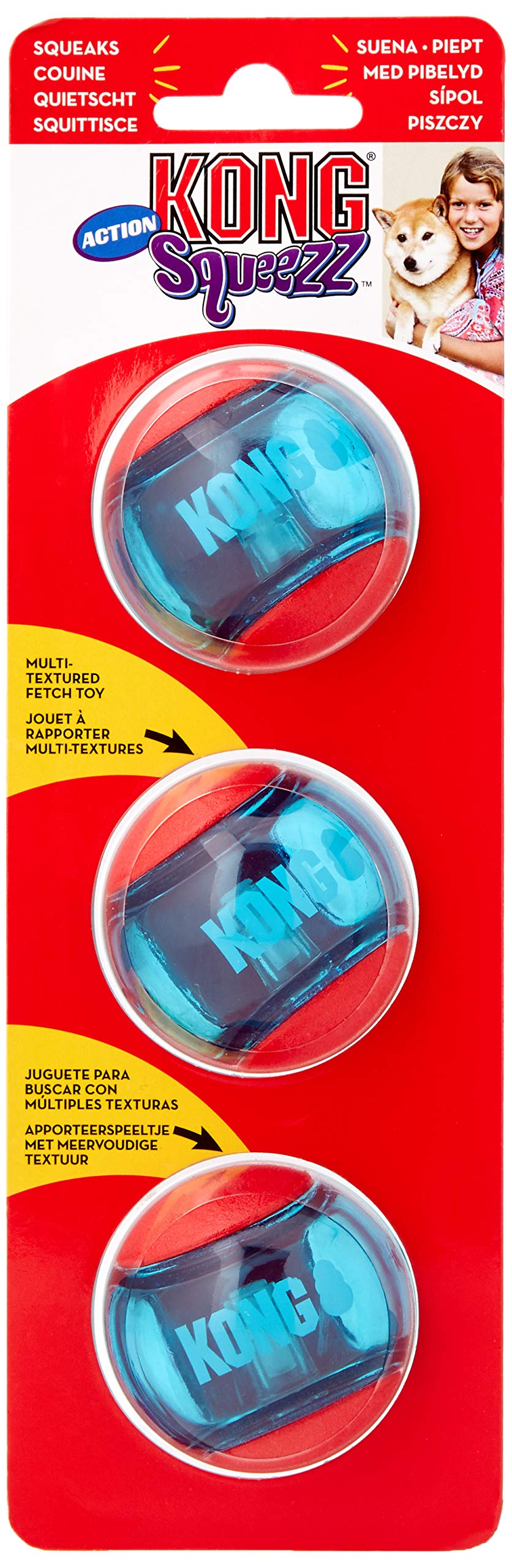 KONG Squeezz Action Toy shown bouncing during interactive dog play.