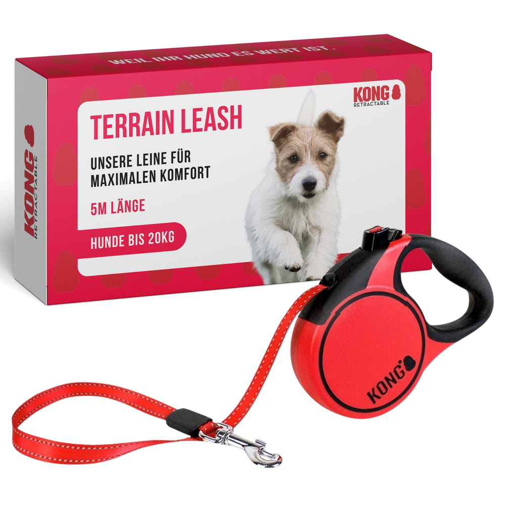 KONG Terrain retractable dog leash shown from the front in red.