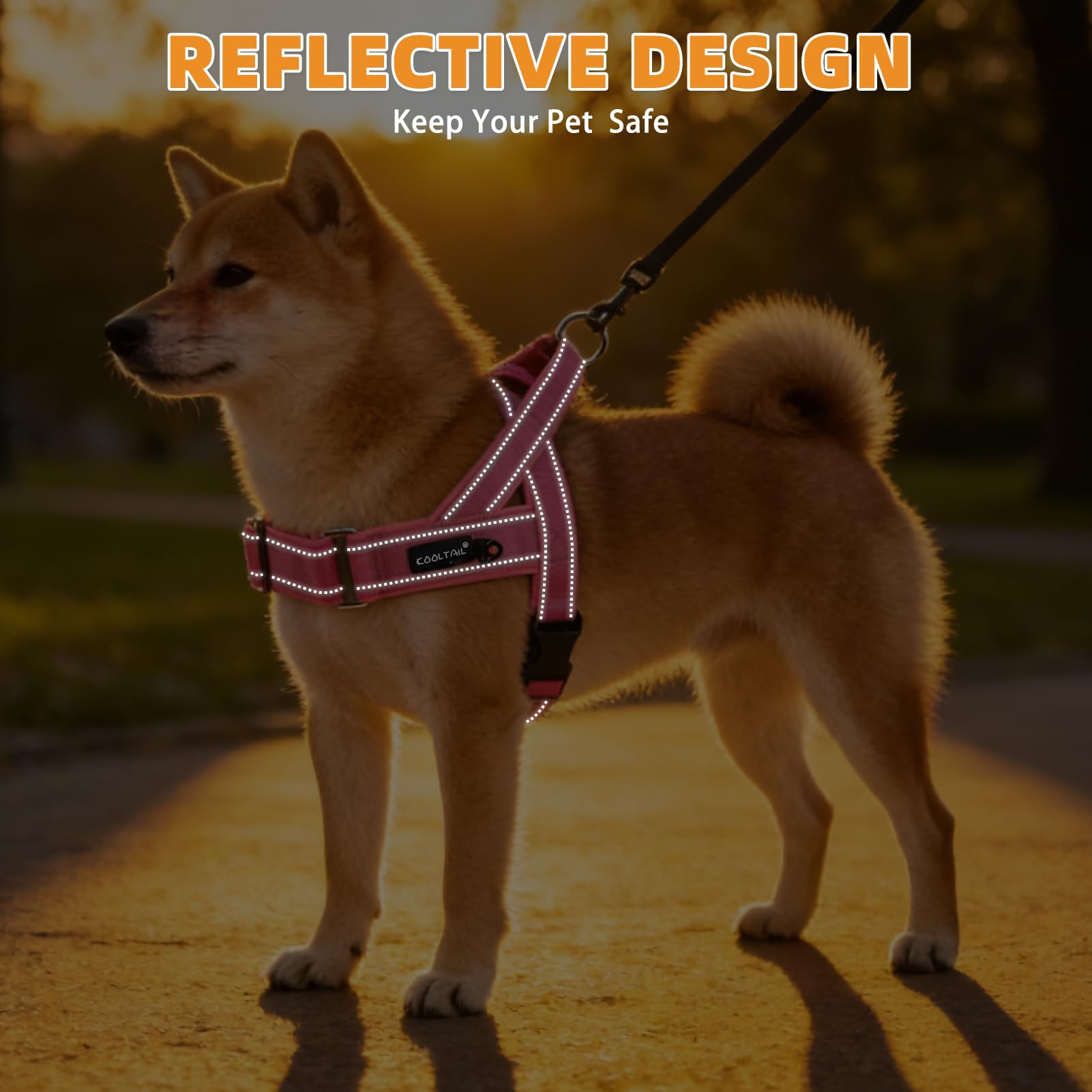 KOOLTAIL dog harness reflective strips on the shoulder straps.
