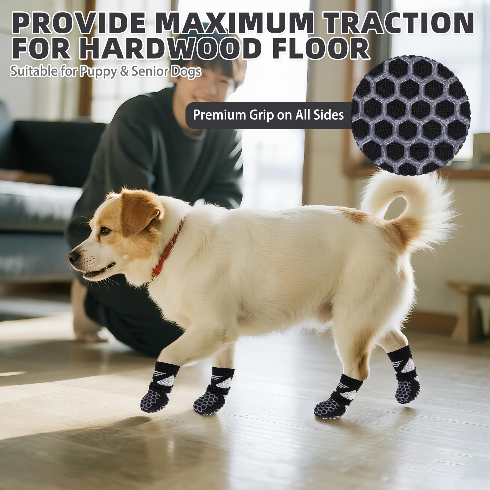 KOOLTAIL dog socks in use on a smooth indoor floor.