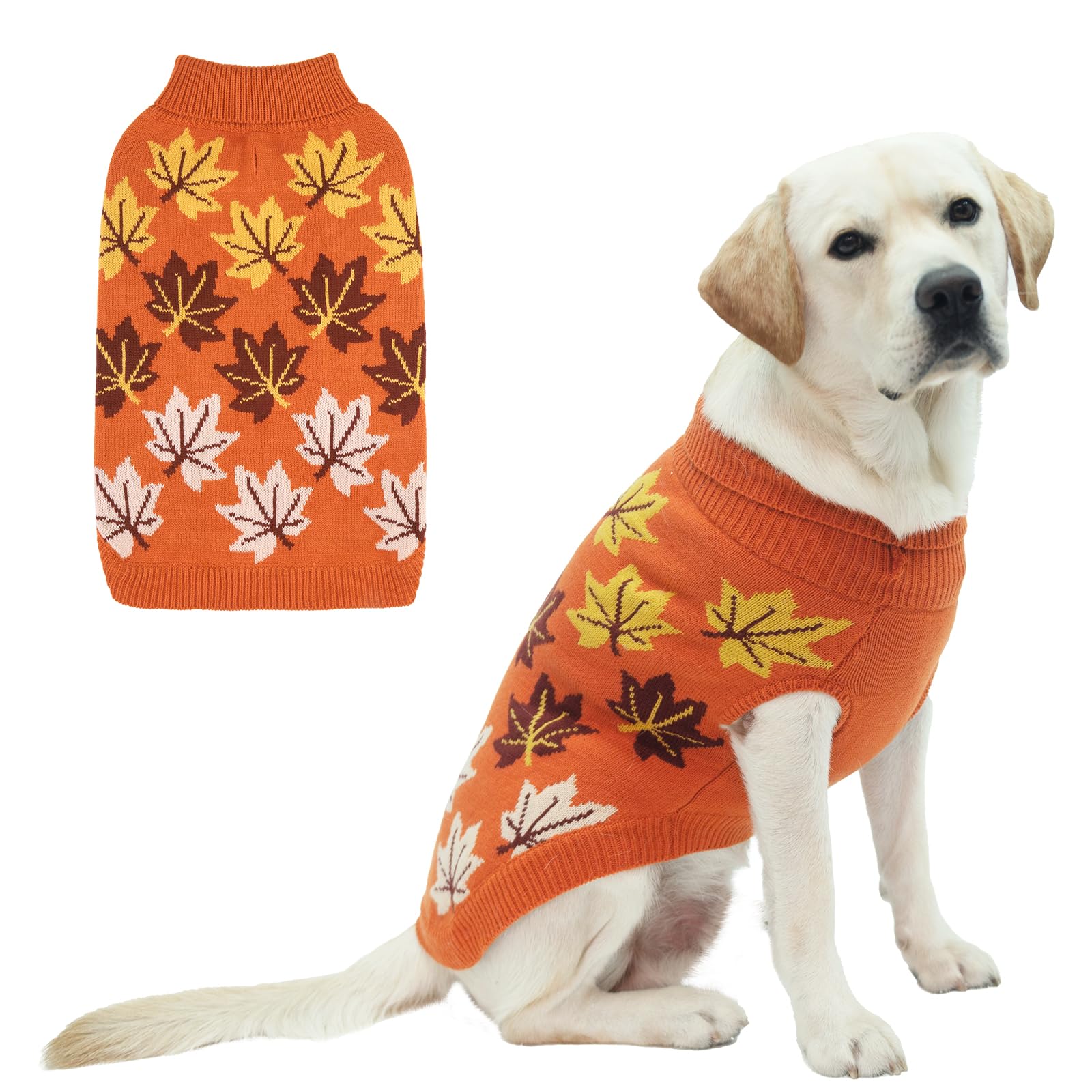 KOOLTAIL dog sweater shown from the front in orange with an autumn maple-leaf pattern.