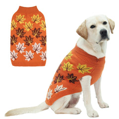 KOOLTAIL dog sweater shown from the front in orange with an autumn maple-leaf pattern.